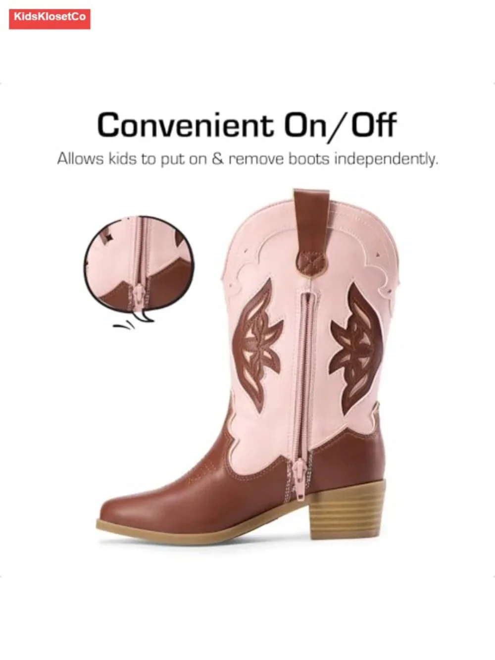 Girls Mid-Calf Cowboy Boots with Butterfly Embroidery, Faux Leather